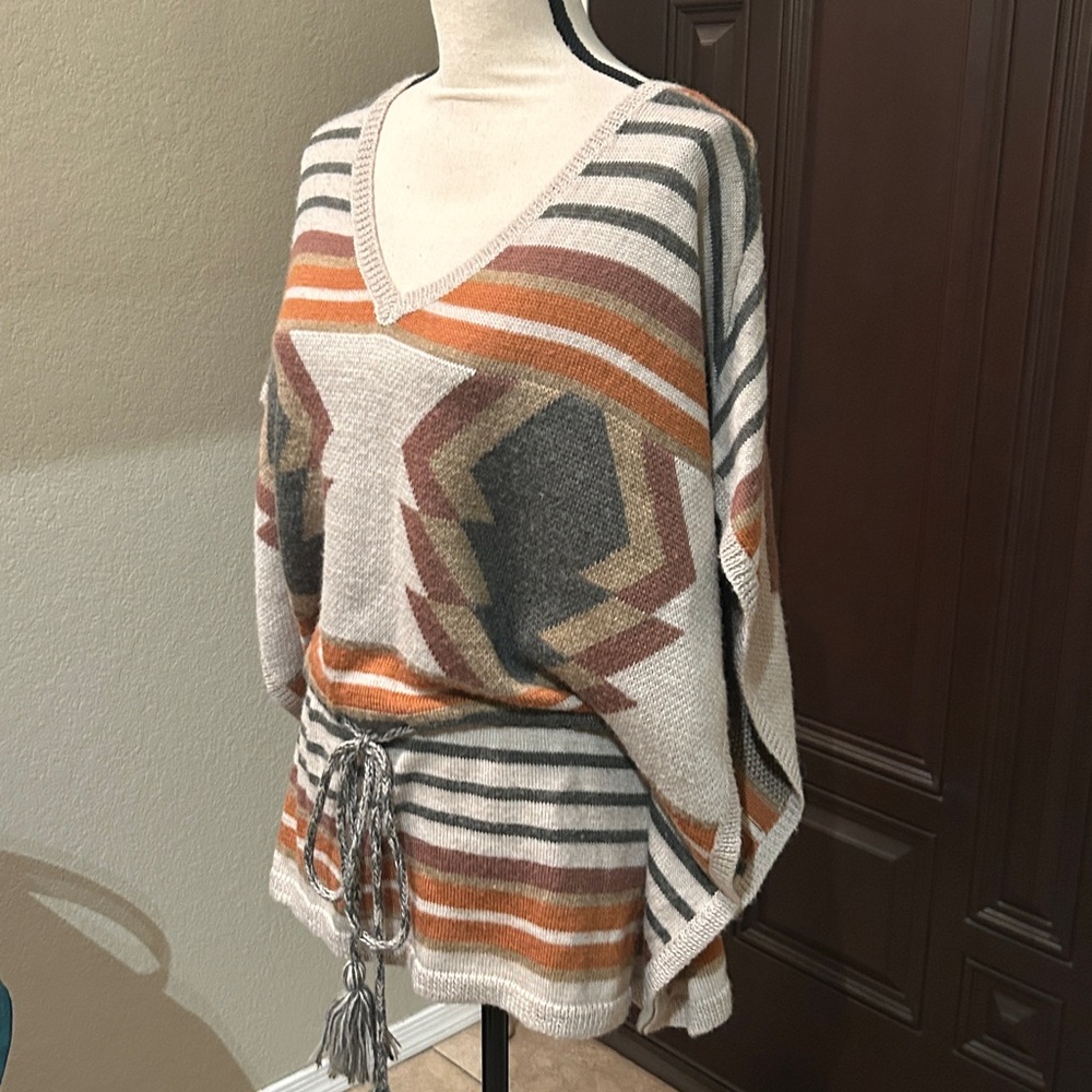 Aztec Wool Blend Poncho with Tied Waist